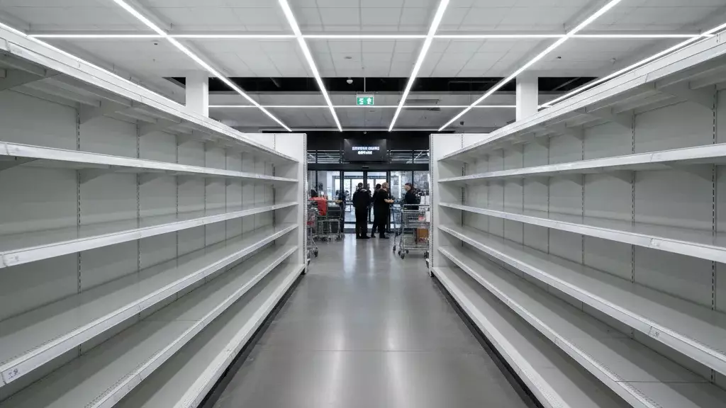 Empty supermarket shelves representing business disruption during cybersecurity incident requiring strategic shutdown