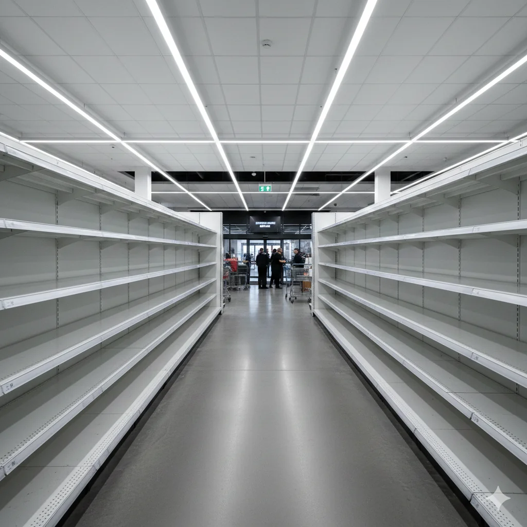 Empty supermarket shelves representing business disruption during cybersecurity incident requiring strategic shutdown