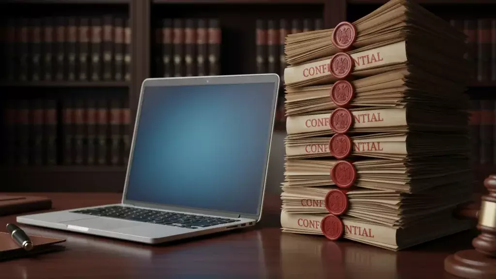 Legal documents beside laptop showing law firm application data security risk