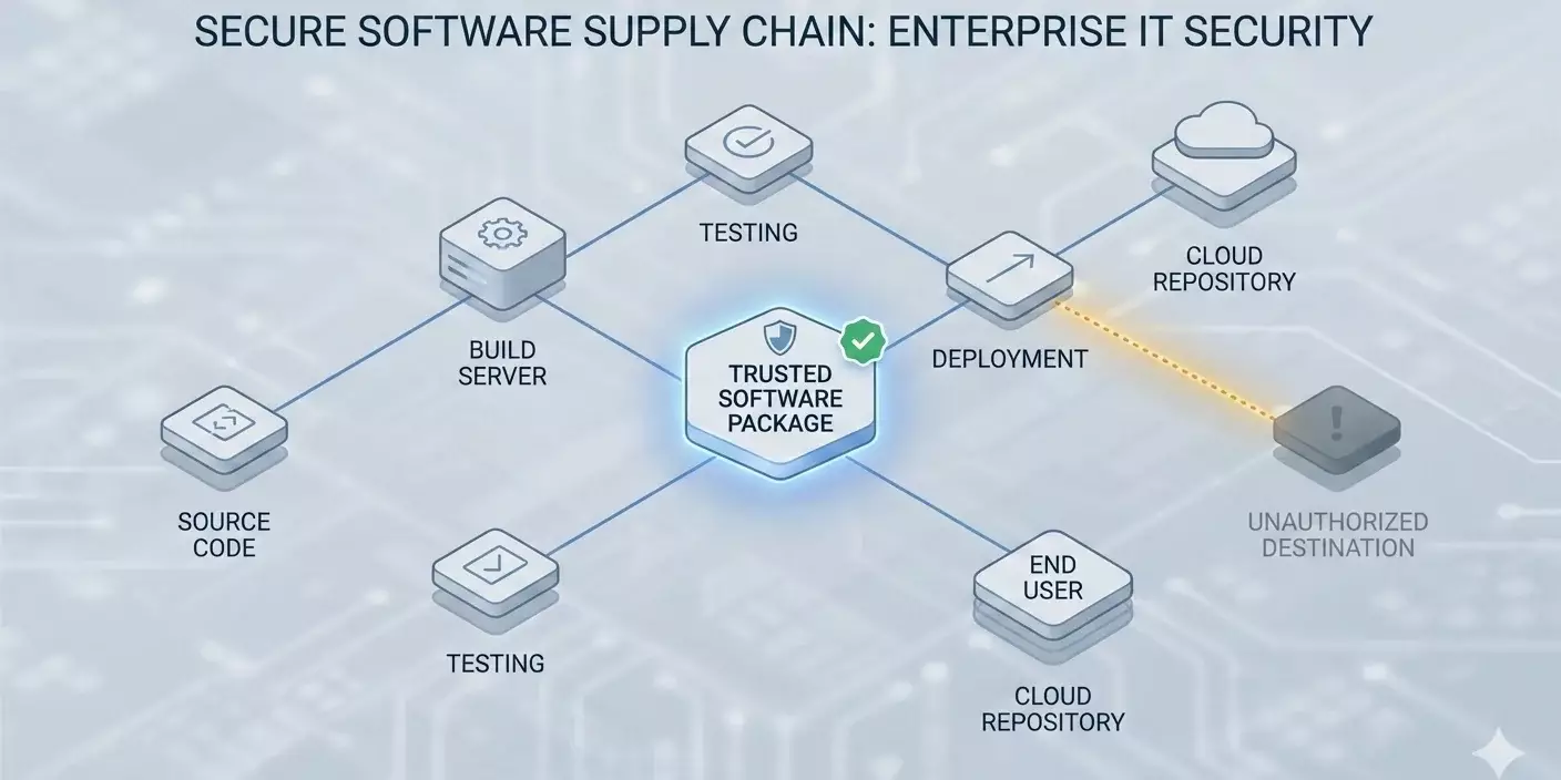 Supply chain attack diagram showing trusted software redirecting data to unauthorized infrastructure