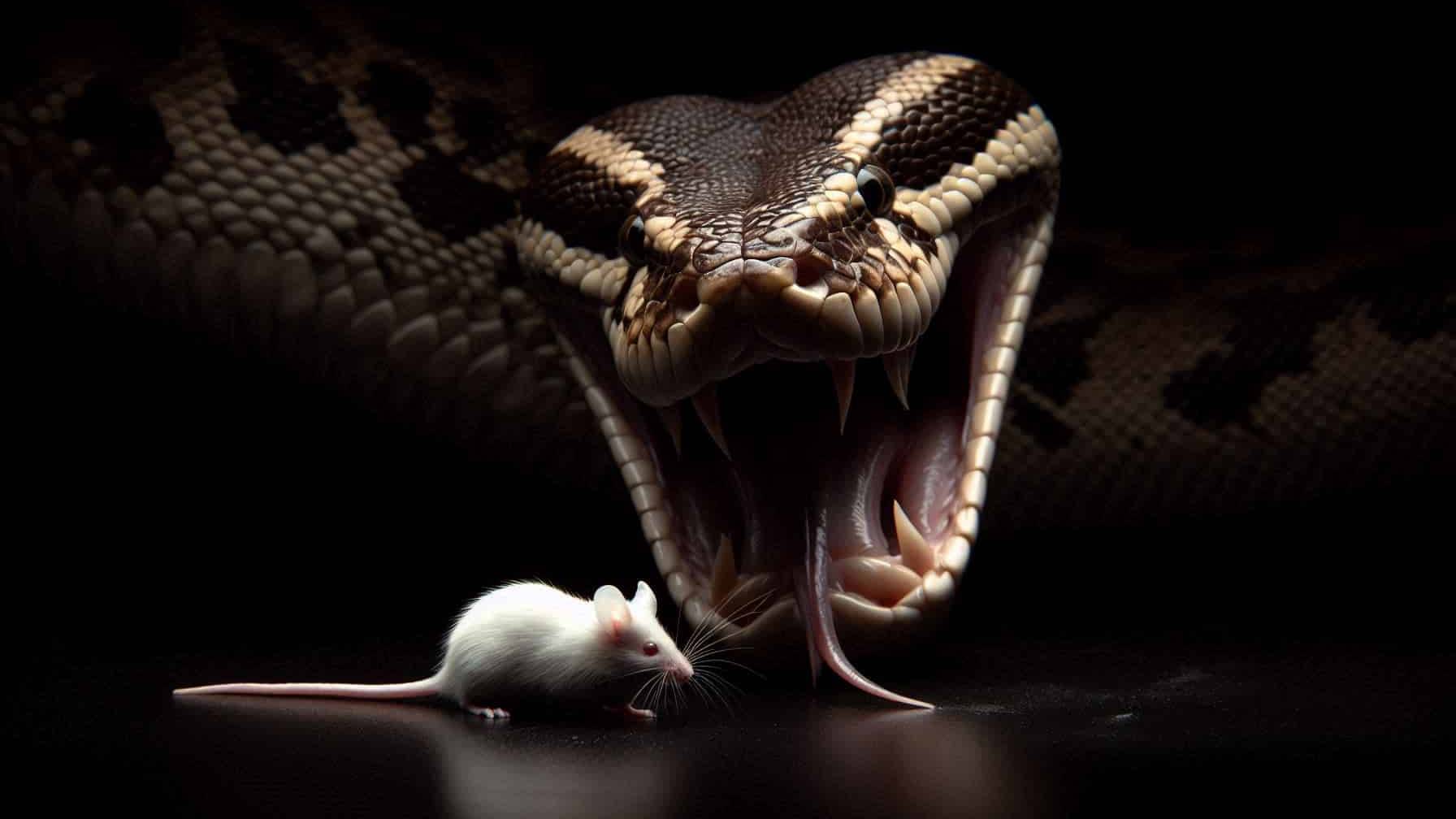 A great big snake ready to pounce on a tiny, unaware mouse.