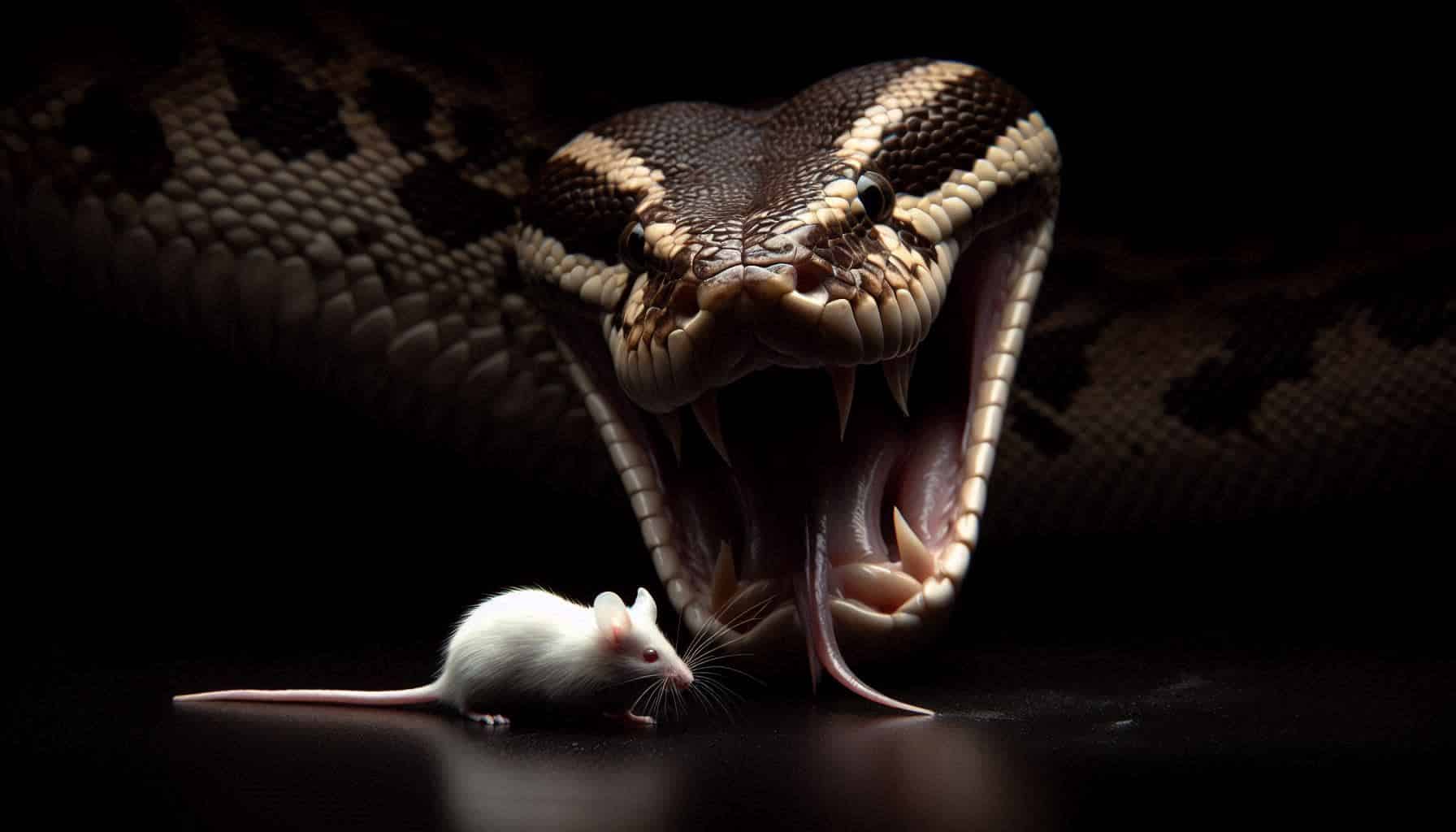 A great big snake ready to pounce on a tiny, unaware mouse.