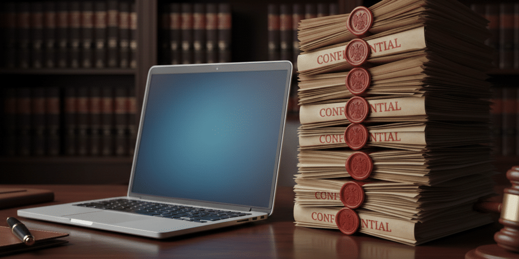 Legal documents beside laptop showing law firm application data security risk