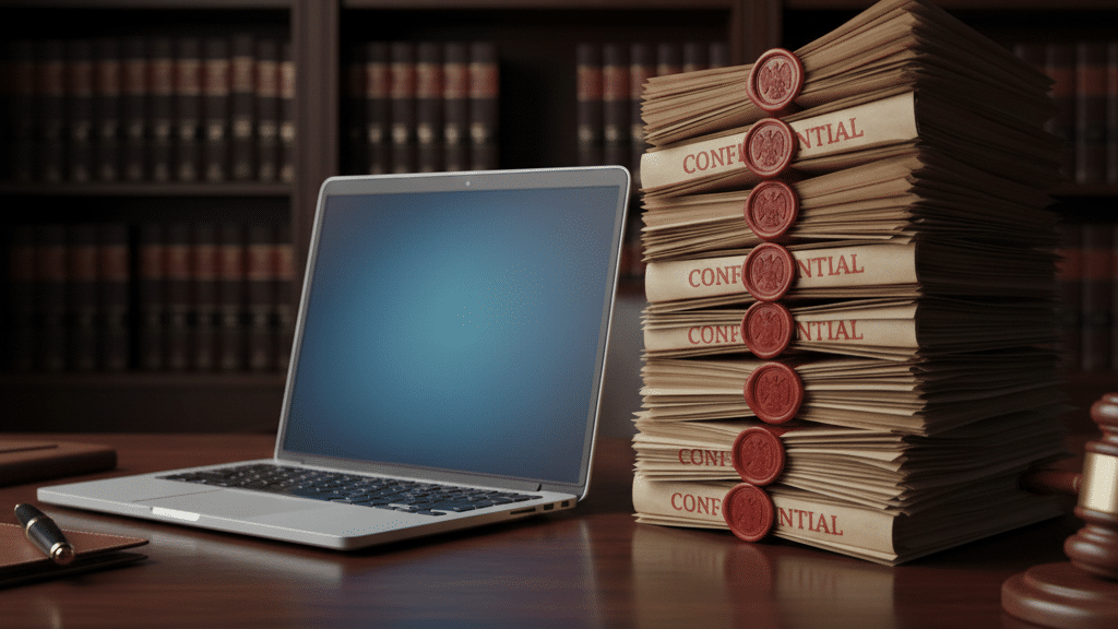 Legal documents beside laptop showing law firm application data security risk