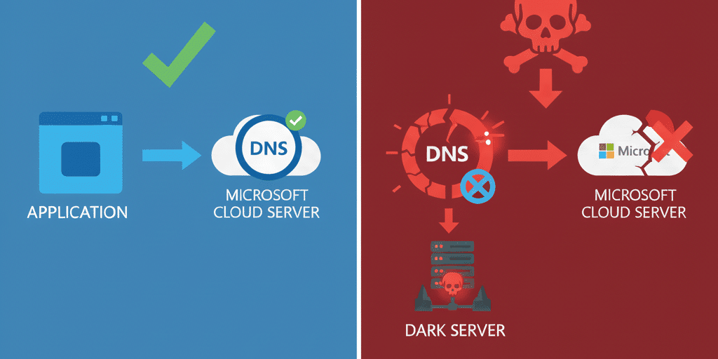 Split-screen comparison showing normal application data flow to Microsoft server versus DNS poisoning attack redirecting data to attacker-controlled server