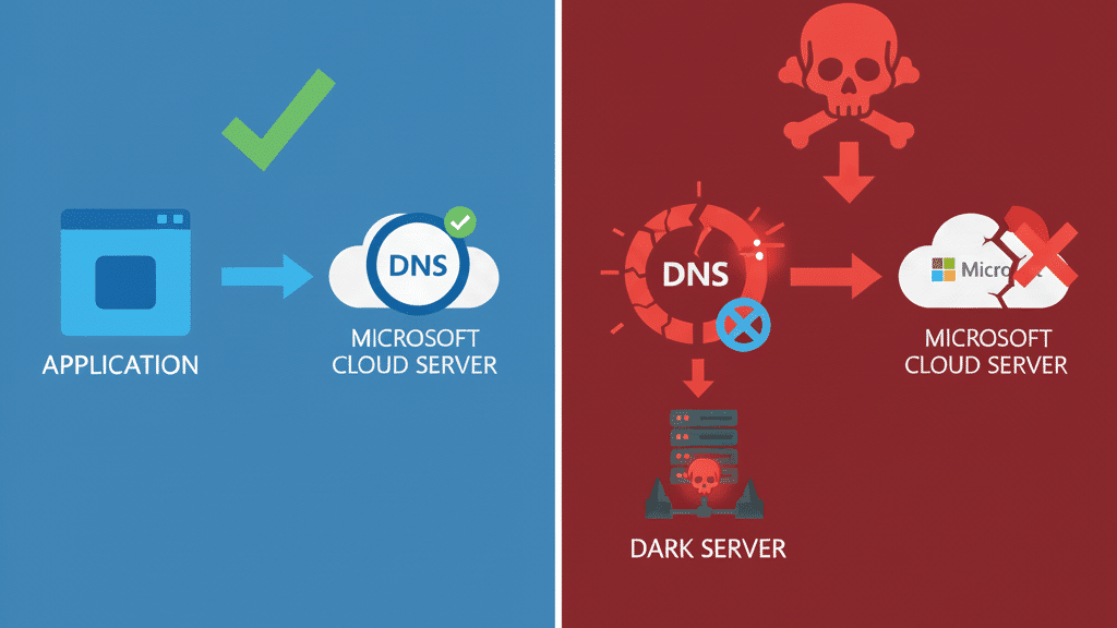 Split-screen comparison showing normal application data flow to Microsoft server versus DNS poisoning attack redirecting data to attacker-controlled server