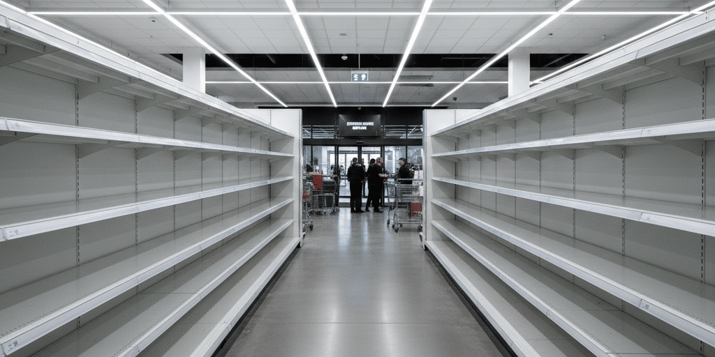 Empty supermarket shelves representing business disruption during cybersecurity incident requiring strategic shutdown
