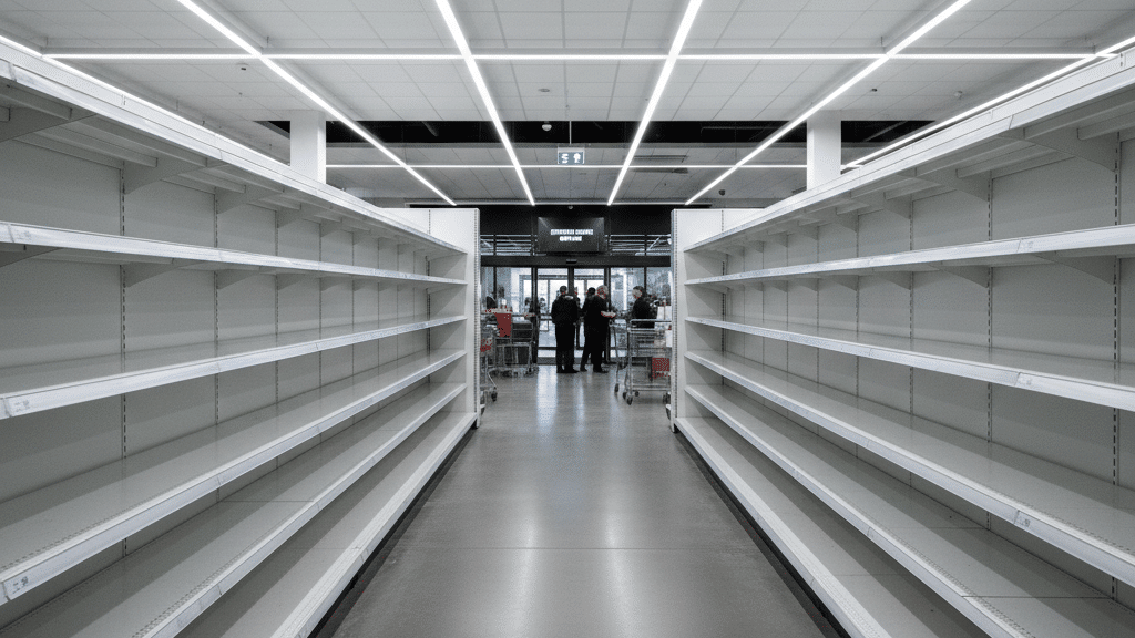 Empty supermarket shelves representing business disruption during cybersecurity incident requiring strategic shutdown