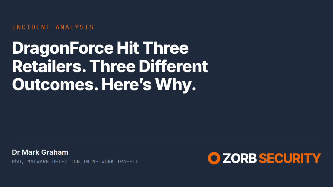 ZORB Security card — Incident analysis: DragonForce Hit Three Retailers. Three Different Outcomes. Here's Why. Dr Mark Graham, PhD, malware detection in network traffic.