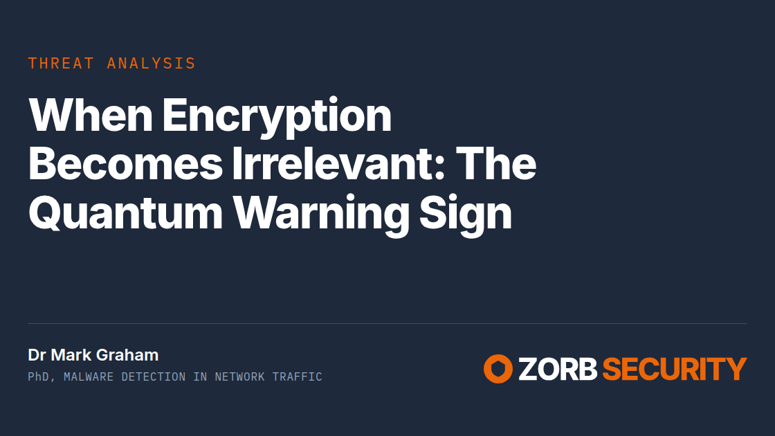 ZORB Security card — Threat analysis: When Encryption Becomes Irrelevant: The Quantum Warning Sign. Dr Mark Graham, PhD, malware detection in network traffic.