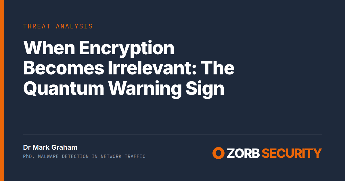 ZORB Security card — Threat analysis: When Encryption Becomes Irrelevant: The Quantum Warning Sign. Dr Mark Graham, PhD, malware detection in network traffic.